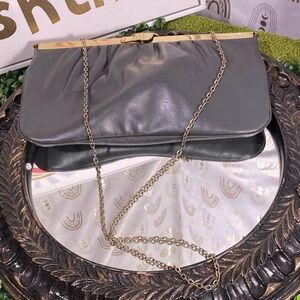 Chic Vintage Gray Leather Clutch with Gold Chain